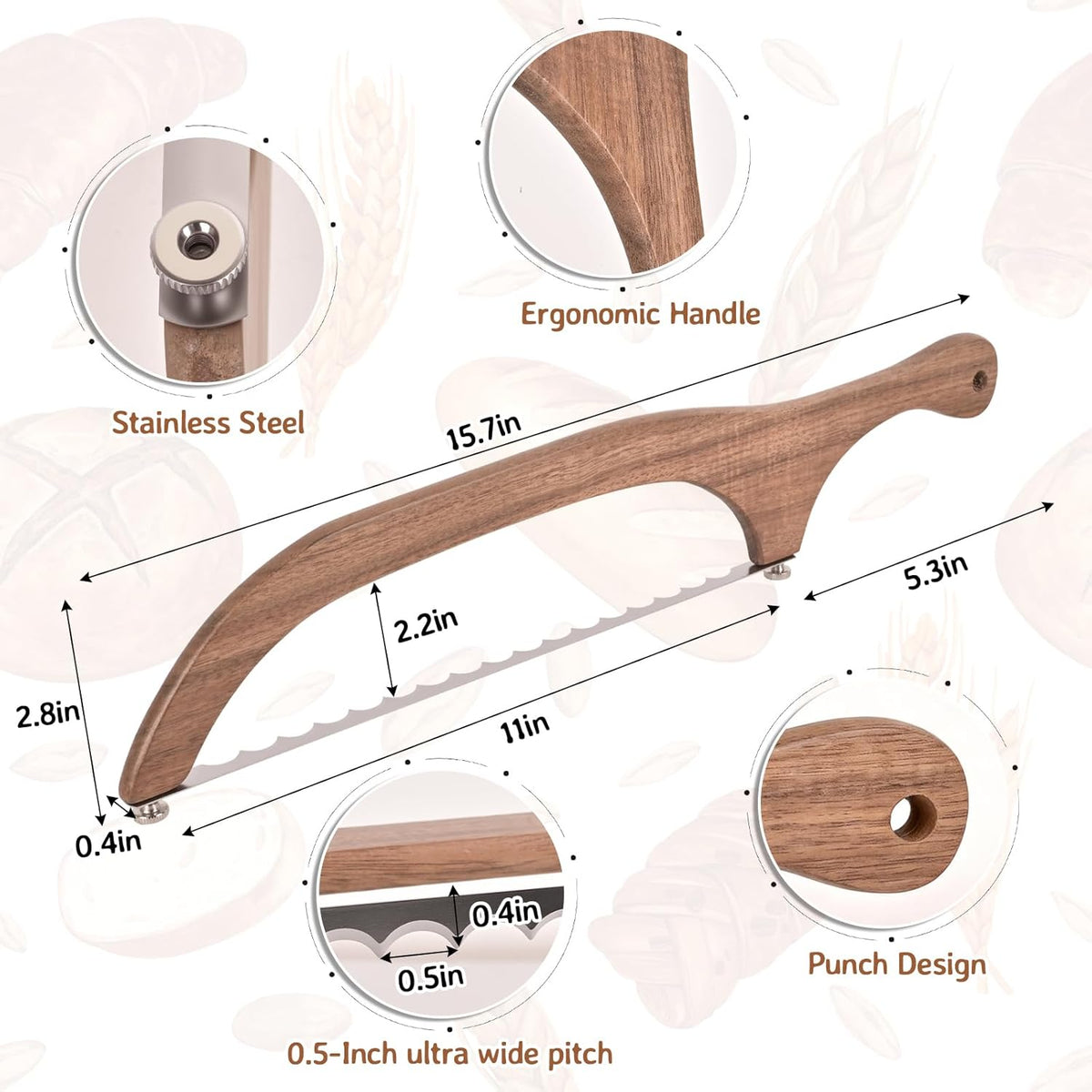 Bow Bread Knife for Homemade Sourdough with Acacia Wood Handle | Bread Slicer for Homemade Bread, Sourdough Bread Knife, Baguettes and More Cuts Thin,Bow Design Easy to Cutting Even Slices