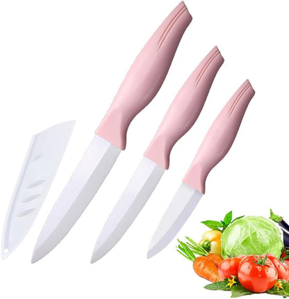 3-Pieces Pink Ceramic Knives Set, 5-Inch for Vegetable and meet 4-Inch for Fruit 3-Inch for Peeling,Suitable for Beef Chicken Vegetable Fruit Butter and Bread (Pink)