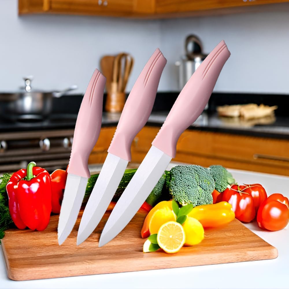 3-Pieces Pink Ceramic Knives Set, 5-Inch for Vegetable and meet 4-Inch for Fruit 3-Inch for Peeling,Suitable for Beef Chicken Vegetable Fruit Butter and Bread (Pink)