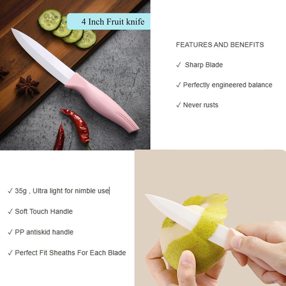 3-Pieces Pink Ceramic Knives Set, 5-Inch for Vegetable and meet 4-Inch for Fruit 3-Inch for Peeling,Suitable for Beef Chicken Vegetable Fruit Butter and Bread (Pink)