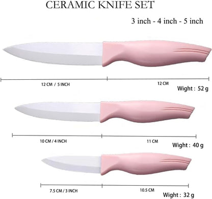 3-Pieces Pink Ceramic Knives Set, 5-Inch for Vegetable and meet 4-Inch for Fruit 3-Inch for Peeling,Suitable for Beef Chicken Vegetable Fruit Butter and Bread (Pink)