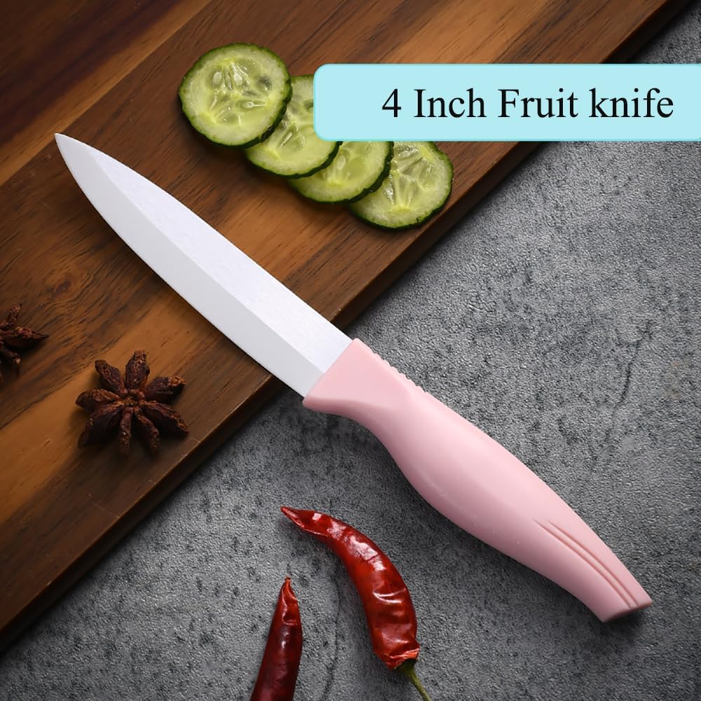 3-Pieces Pink Ceramic Knives Set, 5-Inch for Vegetable and meet 4-Inch for Fruit 3-Inch for Peeling,Suitable for Beef Chicken Vegetable Fruit Butter and Bread (Pink)