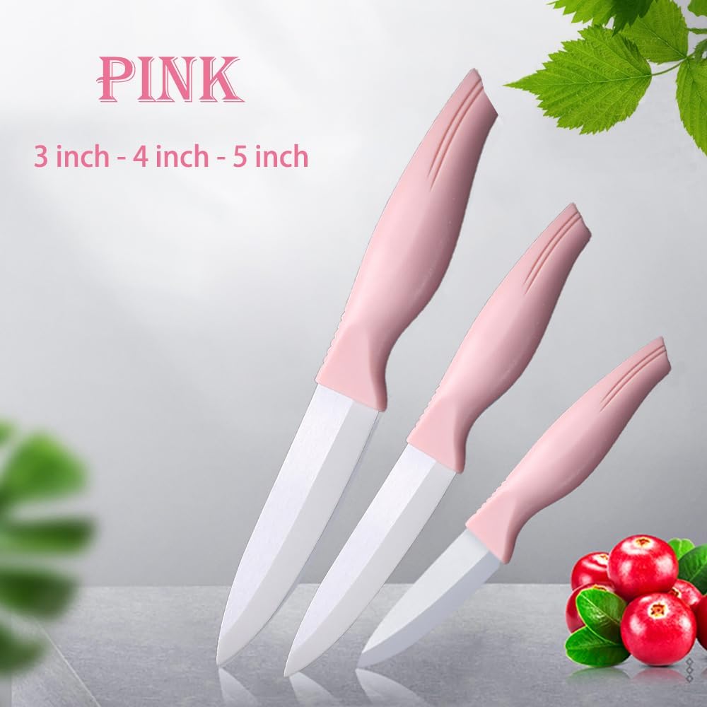 3-Pieces Pink Ceramic Knives Set, 5-Inch for Vegetable and meet 4-Inch for Fruit 3-Inch for Peeling,Suitable for Beef Chicken Vegetable Fruit Butter and Bread (Pink)