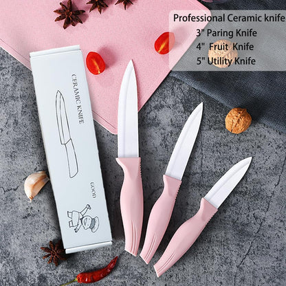 3-Pieces Pink Ceramic Knives Set, 5-Inch for Vegetable and meet 4-Inch for Fruit 3-Inch for Peeling,Suitable for Beef Chicken Vegetable Fruit Butter and Bread (Pink)