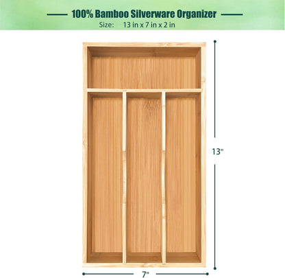 Bamboo Kitchen Drawer Silverware Organizer, 7 Inch Silverware Utensils Tray Holder for Small Drawer, Wood Caddy for Flatware Cutlery Knives 4-Slots