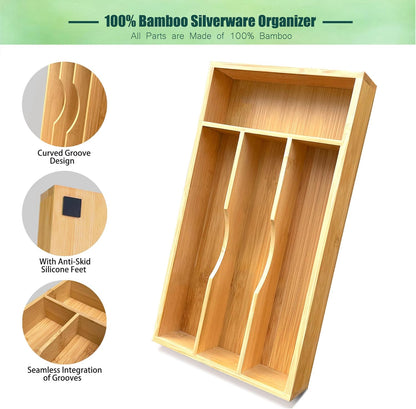 Bamboo Kitchen Drawer Silverware Organizer, 7 Inch Silverware Utensils Tray Holder for Small Drawer, Wood Caddy for Flatware Cutlery Knives 4-Slots