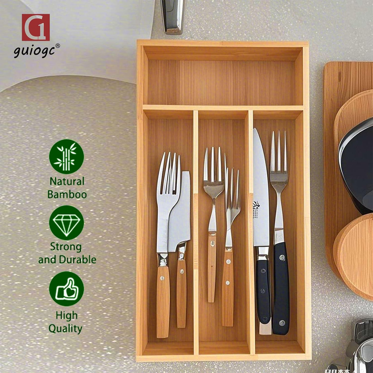 Bamboo Kitchen Drawer Silverware Organizer, 7 Inch Silverware Utensils Tray Holder for Small Drawer, Wood Caddy for Flatware Cutlery Knives 4-Slots
