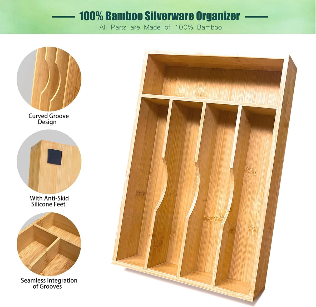 Bamboo Kitchen Drawer Silverware Organizer, 7 Inch Silverware Utensils Tray Holder for Small Drawer, Wood Caddy for Flatware Cutlery Knives 4-Slots
