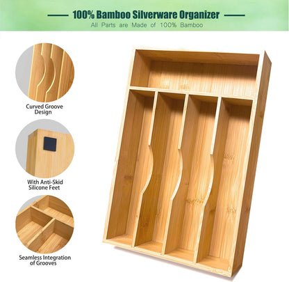 Bamboo Kitchen Drawer Silverware Organizer, 7 Inch Silverware Utensils Tray Holder for Small Drawer, Wood Caddy for Flatware Cutlery Knives 4-Slots