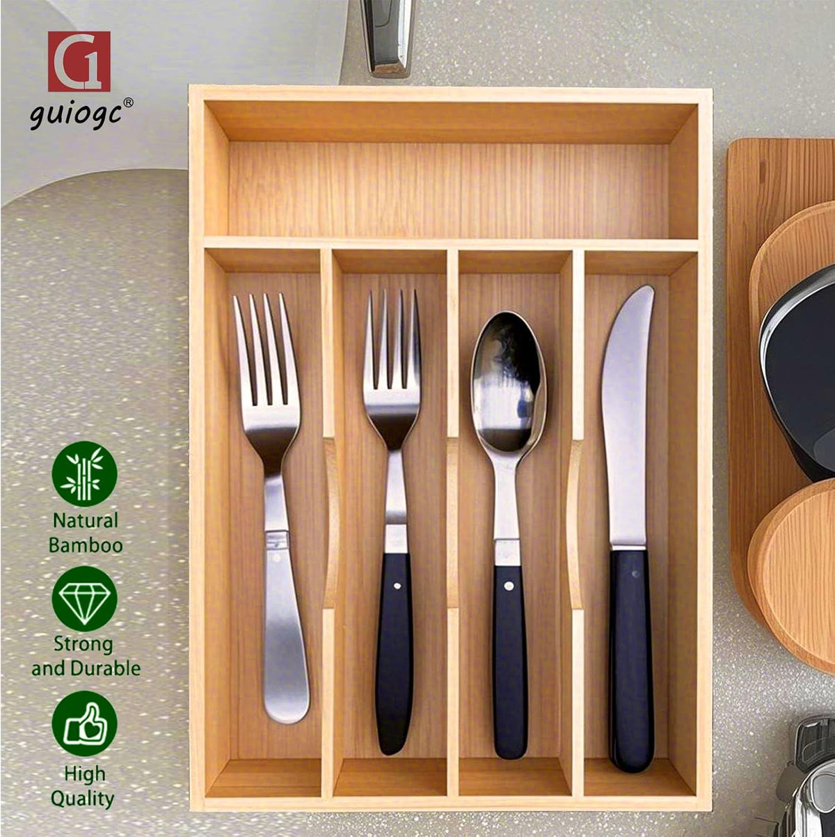 Bamboo Kitchen Drawer Silverware Organizer, 7 Inch Silverware Utensils Tray Holder for Small Drawer, Wood Caddy for Flatware Cutlery Knives 4-Slots