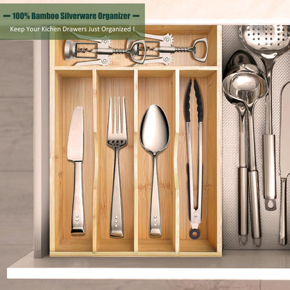 Bamboo Kitchen Drawer Silverware Organizer, 7 Inch Silverware Utensils Tray Holder for Small Drawer, Wood Caddy for Flatware Cutlery Knives 4-Slots