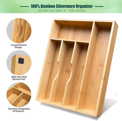 Bamboo Kitchen Drawer Silverware Organizer, 7 Inch Silverware Utensils Tray Holder for Small Drawer, Wood Caddy for Flatware Cutlery Knives 4-Slots