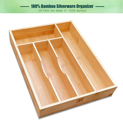 Bamboo Kitchen Drawer Silverware Organizer, 7 Inch Silverware Utensils Tray Holder for Small Drawer, Wood Caddy for Flatware Cutlery Knives 4-Slots