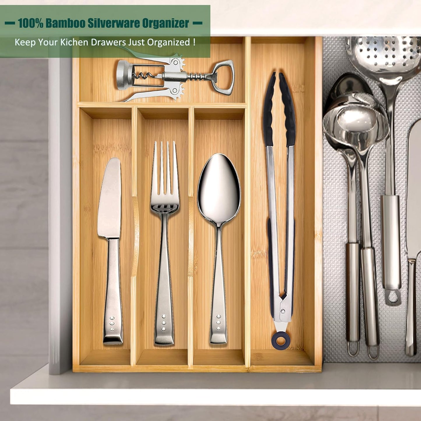 Bamboo Kitchen Drawer Silverware Organizer, 7 Inch Silverware Utensils Tray Holder for Small Drawer, Wood Caddy for Flatware Cutlery Knives 4-Slots