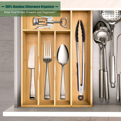 Bamboo Kitchen Drawer Silverware Organizer, 7 Inch Silverware Utensils Tray Holder for Small Drawer, Wood Caddy for Flatware Cutlery Knives 4-Slots