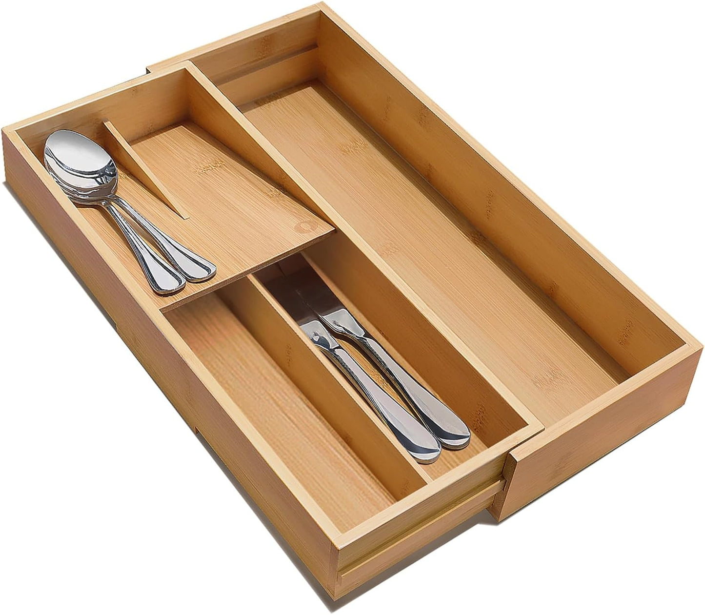 Bamboo Kitchen Drawer Silverware Organizer, 7 Inch Silverware Utensils Tray Holder for Small Drawer, Wood Caddy for Flatware Cutlery Knives 4-Slots