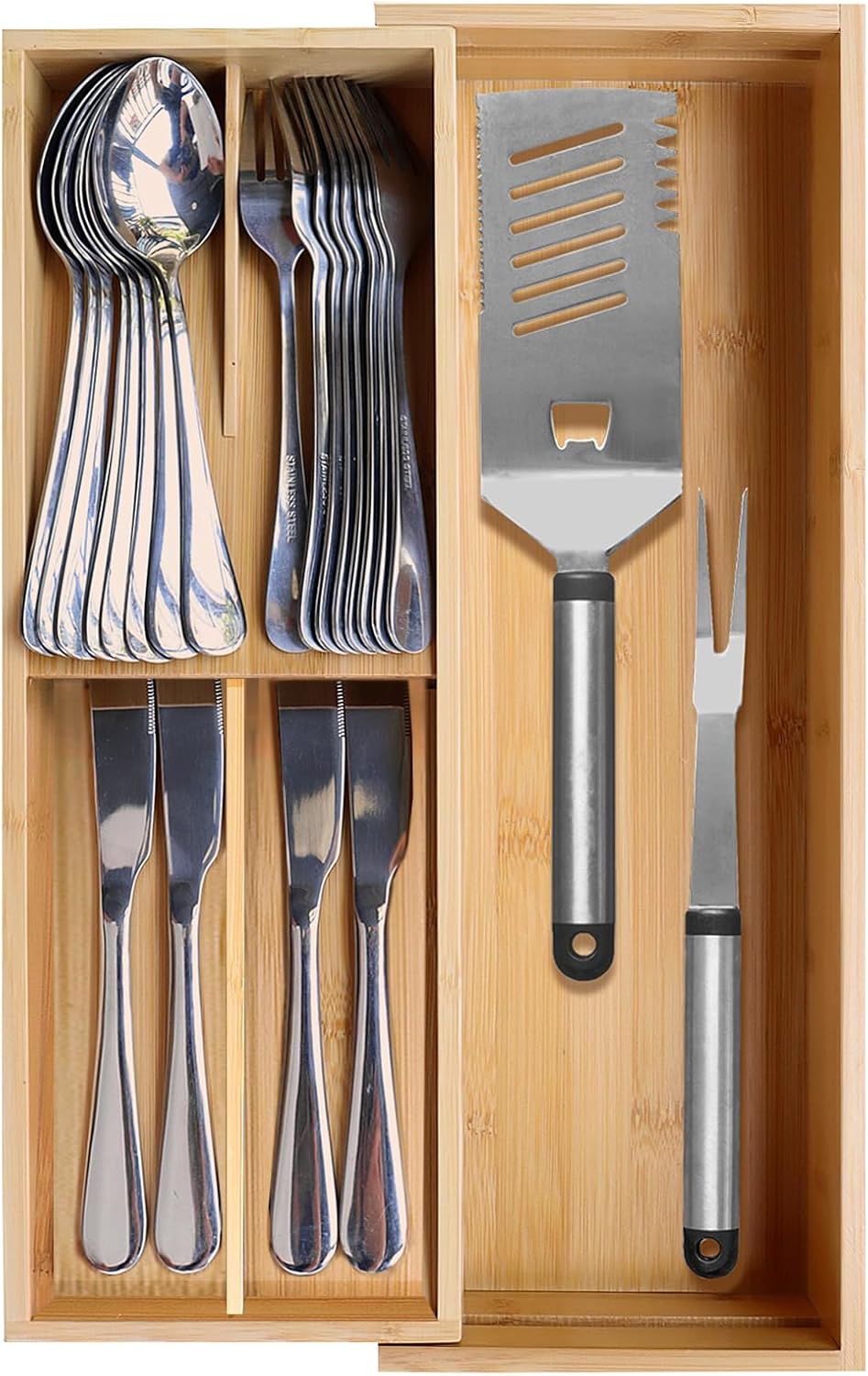 Bamboo Kitchen Drawer Silverware Organizer, 7 Inch Silverware Utensils Tray Holder for Small Drawer, Wood Caddy for Flatware Cutlery Knives 4-Slots