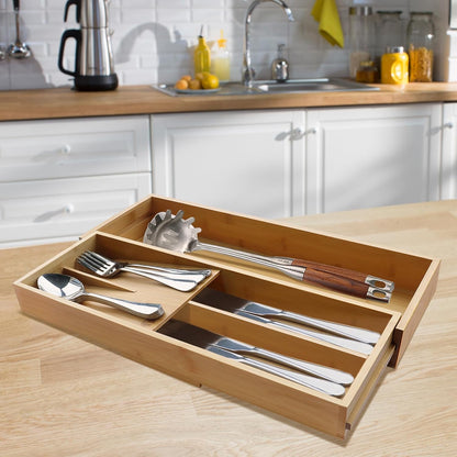 Bamboo Kitchen Drawer Silverware Organizer, 7 Inch Silverware Utensils Tray Holder for Small Drawer, Wood Caddy for Flatware Cutlery Knives 4-Slots