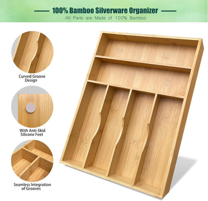 Bamboo Kitchen Drawer Silverware Organizer, 7 Inch Silverware Utensils Tray Holder for Small Drawer, Wood Caddy for Flatware Cutlery Knives 4-Slots