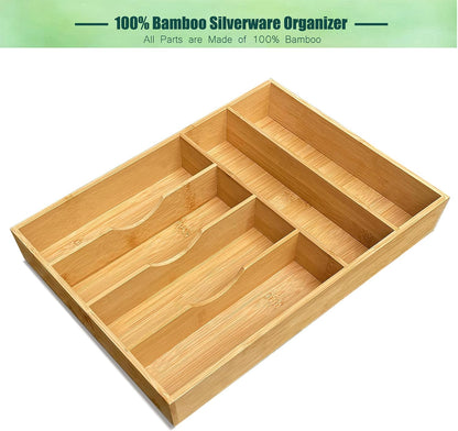 Bamboo Kitchen Drawer Silverware Organizer, 7 Inch Silverware Utensils Tray Holder for Small Drawer, Wood Caddy for Flatware Cutlery Knives 4-Slots