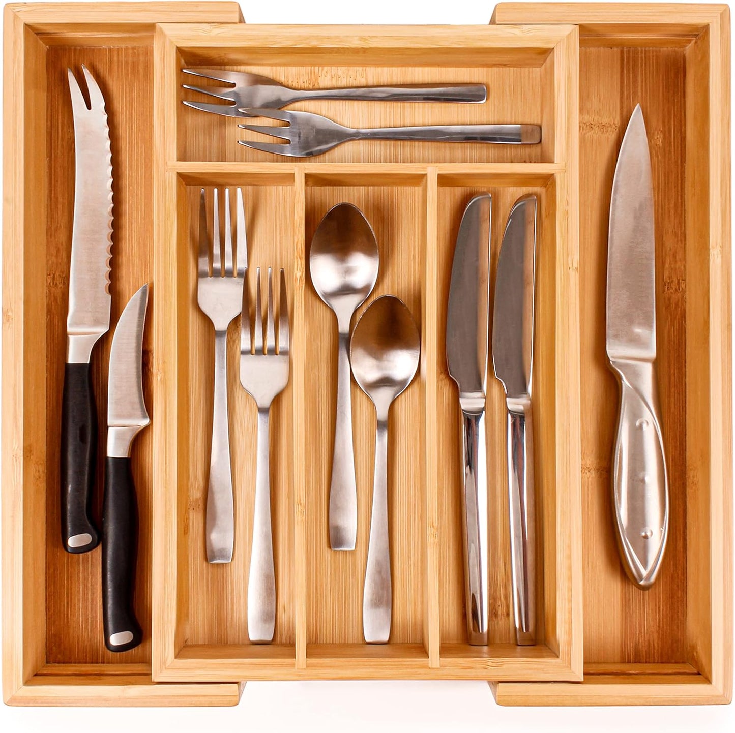Bamboo 6-Slot Expanding Flatware Organizer Expandable Fits Most Kitchen Drawers | Adjustable Wood Drawer Divider & Silverware Organizer, Adjusts 8.5 to 13.25 Inches, 6 Slot Utility Tray & Utensil Holder