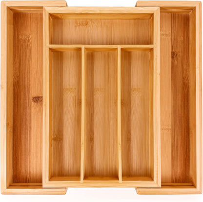 Bamboo 6-Slot Expanding Flatware Organizer Expandable Fits Most Kitchen Drawers | Adjustable Wood Drawer Divider & Silverware Organizer, Adjusts 8.5 to 13.25 Inches, 6 Slot Utility Tray & Utensil Holder