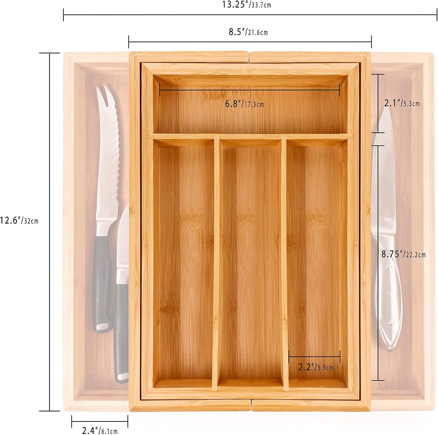 Bamboo 6-Slot Expanding Flatware Organizer Expandable Fits Most Kitchen Drawers | Adjustable Wood Drawer Divider & Silverware Organizer, Adjusts 8.5 to 13.25 Inches, 6 Slot Utility Tray & Utensil Holder