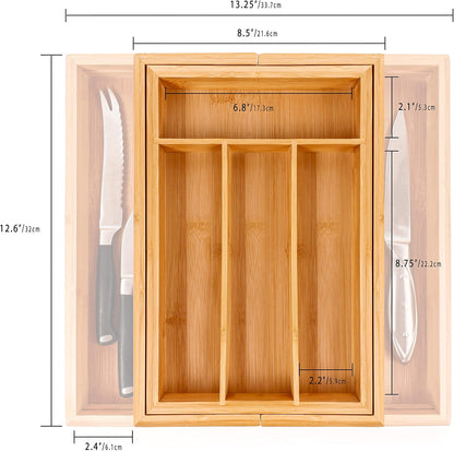 Bamboo 6-Slot Expanding Flatware Organizer Expandable Fits Most Kitchen Drawers | Adjustable Wood Drawer Divider & Silverware Organizer, Adjusts 8.5 to 13.25 Inches, 6 Slot Utility Tray & Utensil Holder