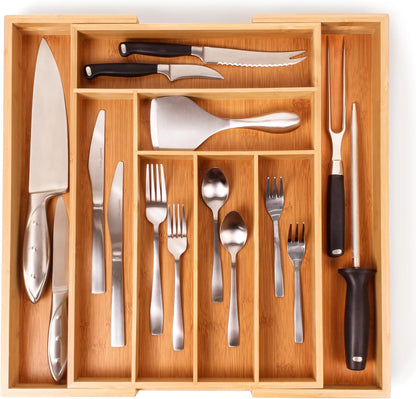Bamboo 6-Slot Expanding Flatware Organizer Expandable Fits Most Kitchen Drawers | Adjustable Wood Drawer Divider & Silverware Organizer, Adjusts 8.5 to 13.25 Inches, 6 Slot Utility Tray & Utensil Holder