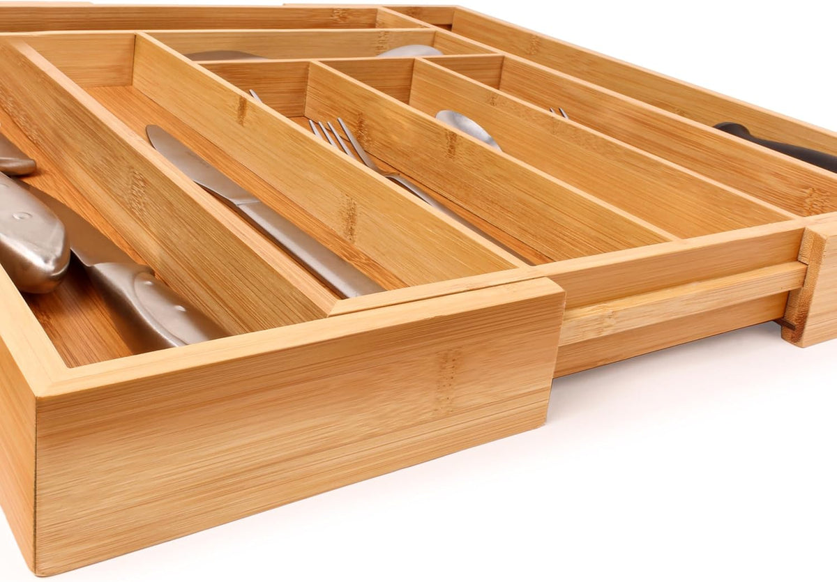 Bamboo 6-Slot Expanding Flatware Organizer Expandable Fits Most Kitchen Drawers | Adjustable Wood Drawer Divider & Silverware Organizer, Adjusts 8.5 to 13.25 Inches, 6 Slot Utility Tray & Utensil Holder