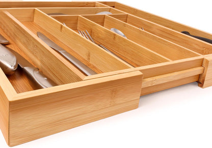 Bamboo 6-Slot Expanding Flatware Organizer Expandable Fits Most Kitchen Drawers | Adjustable Wood Drawer Divider & Silverware Organizer, Adjusts 8.5 to 13.25 Inches, 6 Slot Utility Tray & Utensil Holder