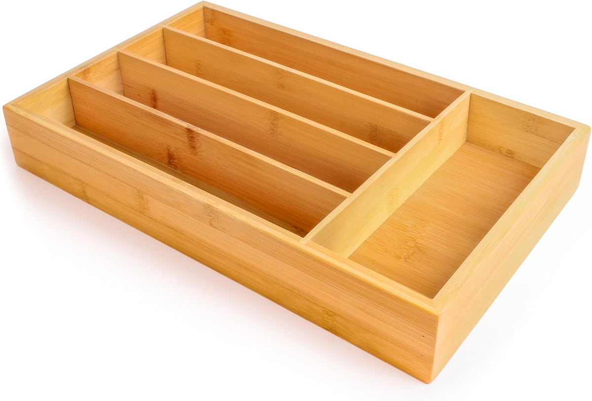 Bamboo 6-Slot Expanding Flatware Organizer Expandable Fits Most Kitchen Drawers | Adjustable Wood Drawer Divider & Silverware Organizer, Adjusts 8.5 to 13.25 Inches, 6 Slot Utility Tray & Utensil Holder