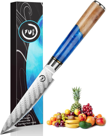 5 Inch Kitchen Utility Knife, Damascus Paring Knife Japanese VG10 Steel | 66-Layers Damascus Fruit Knife, Ultra Sharp Blade, Ergonomic Blue Resin Handle, Unique Gift for Men Women Cooking Enthusiasts