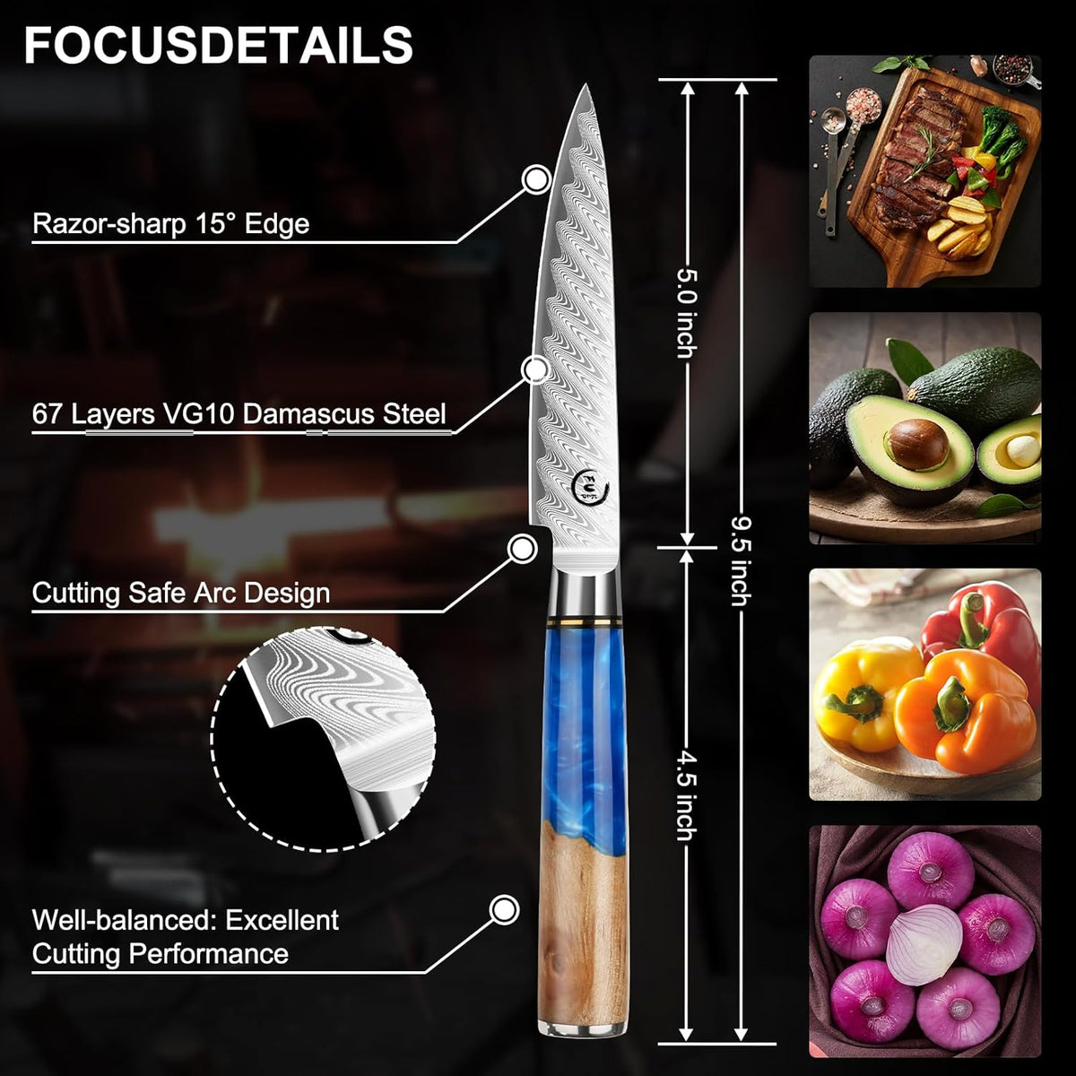 5 Inch Kitchen Utility Knife, Damascus Paring Knife Japanese VG10 Steel | 66-Layers Damascus Fruit Knife, Ultra Sharp Blade, Ergonomic Blue Resin Handle, Unique Gift for Men Women Cooking Enthusiasts