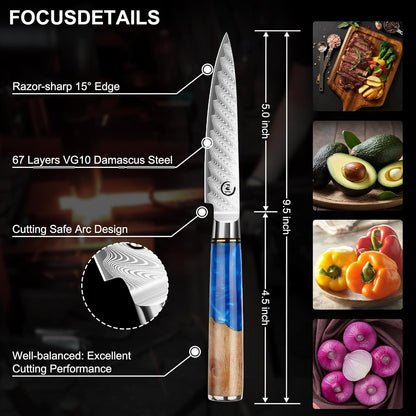 5 Inch Kitchen Utility Knife, Damascus Paring Knife Japanese VG10 Steel | 66-Layers Damascus Fruit Knife, Ultra Sharp Blade, Ergonomic Blue Resin Handle, Unique Gift for Men Women Cooking Enthusiasts