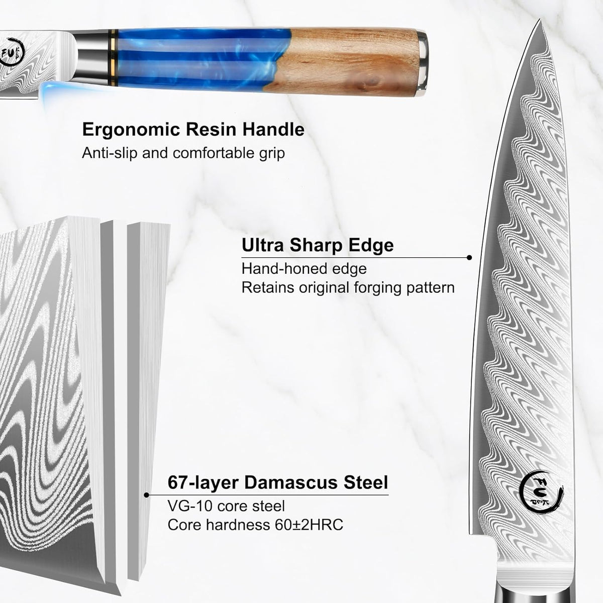 5 Inch Kitchen Utility Knife, Damascus Paring Knife Japanese VG10 Steel | 66-Layers Damascus Fruit Knife, Ultra Sharp Blade, Ergonomic Blue Resin Handle, Unique Gift for Men Women Cooking Enthusiasts