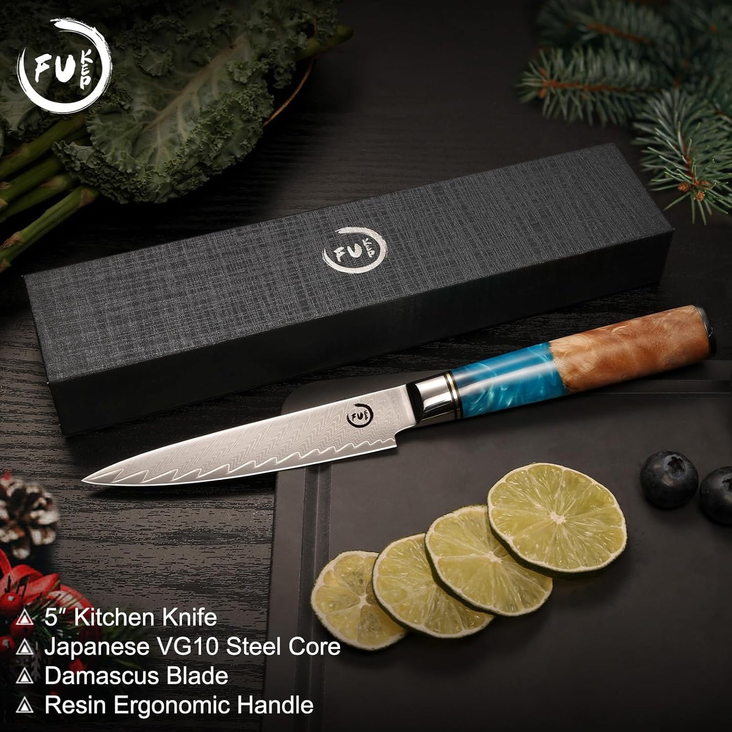 5 Inch Kitchen Utility Knife, Damascus Paring Knife Japanese VG10 Steel | 66-Layers Damascus Fruit Knife, Ultra Sharp Blade, Ergonomic Blue Resin Handle, Unique Gift for Men Women Cooking Enthusiasts