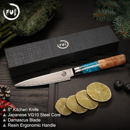5 Inch Kitchen Utility Knife, Damascus Paring Knife Japanese VG10 Steel | 66-Layers Damascus Fruit Knife, Ultra Sharp Blade, Ergonomic Blue Resin Handle, Unique Gift for Men Women Cooking Enthusiasts