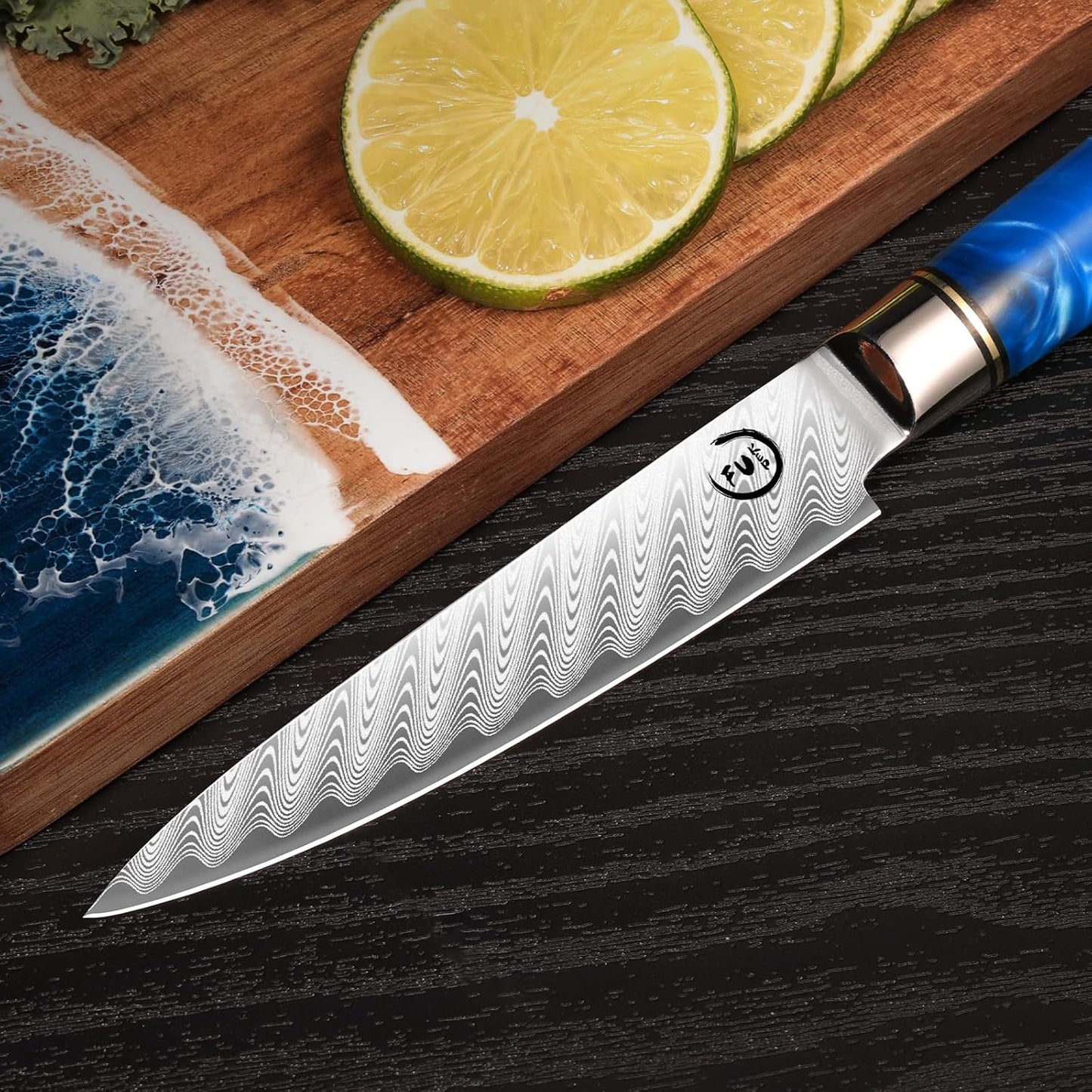 5 Inch Kitchen Utility Knife, Damascus Paring Knife Japanese VG10 Steel | 66-Layers Damascus Fruit Knife, Ultra Sharp Blade, Ergonomic Blue Resin Handle, Unique Gift for Men Women Cooking Enthusiasts