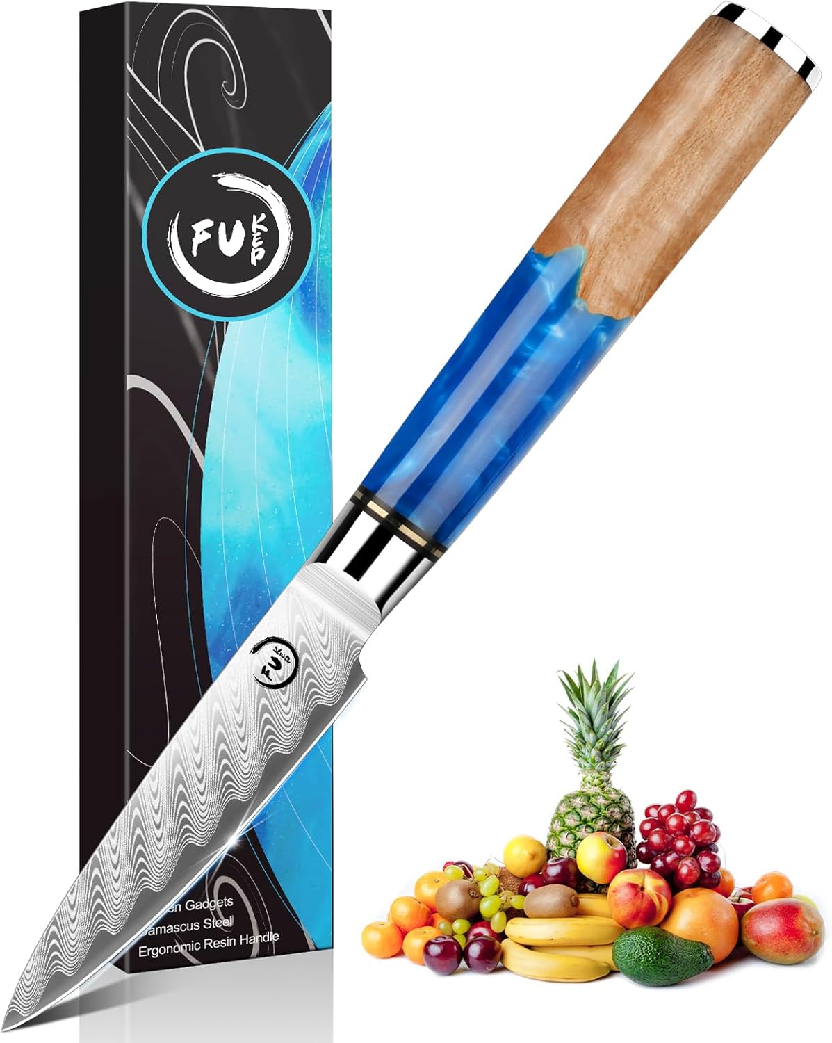 5 Inch Kitchen Utility Knife, Damascus Paring Knife Japanese VG10 Steel | 66-Layers Damascus Fruit Knife, Ultra Sharp Blade, Ergonomic Blue Resin Handle, Unique Gift for Men Women Cooking Enthusiasts