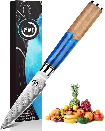 5 Inch Kitchen Utility Knife, Damascus Paring Knife Japanese VG10 Steel | 66-Layers Damascus Fruit Knife, Ultra Sharp Blade, Ergonomic Blue Resin Handle, Unique Gift for Men Women Cooking Enthusiasts