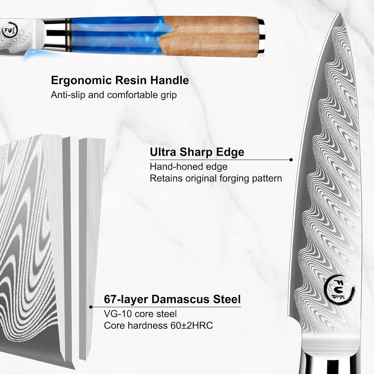 5 Inch Kitchen Utility Knife, Damascus Paring Knife Japanese VG10 Steel | 66-Layers Damascus Fruit Knife, Ultra Sharp Blade, Ergonomic Blue Resin Handle, Unique Gift for Men Women Cooking Enthusiasts