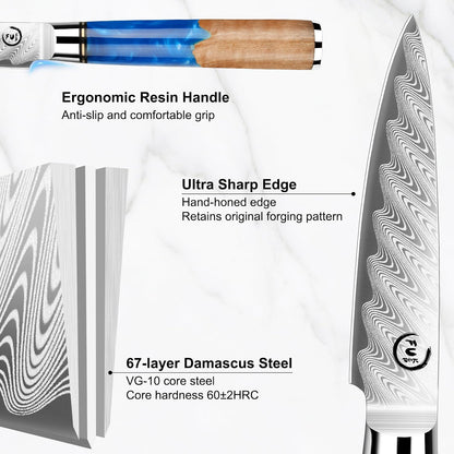 5 Inch Kitchen Utility Knife, Damascus Paring Knife Japanese VG10 Steel | 66-Layers Damascus Fruit Knife, Ultra Sharp Blade, Ergonomic Blue Resin Handle, Unique Gift for Men Women Cooking Enthusiasts