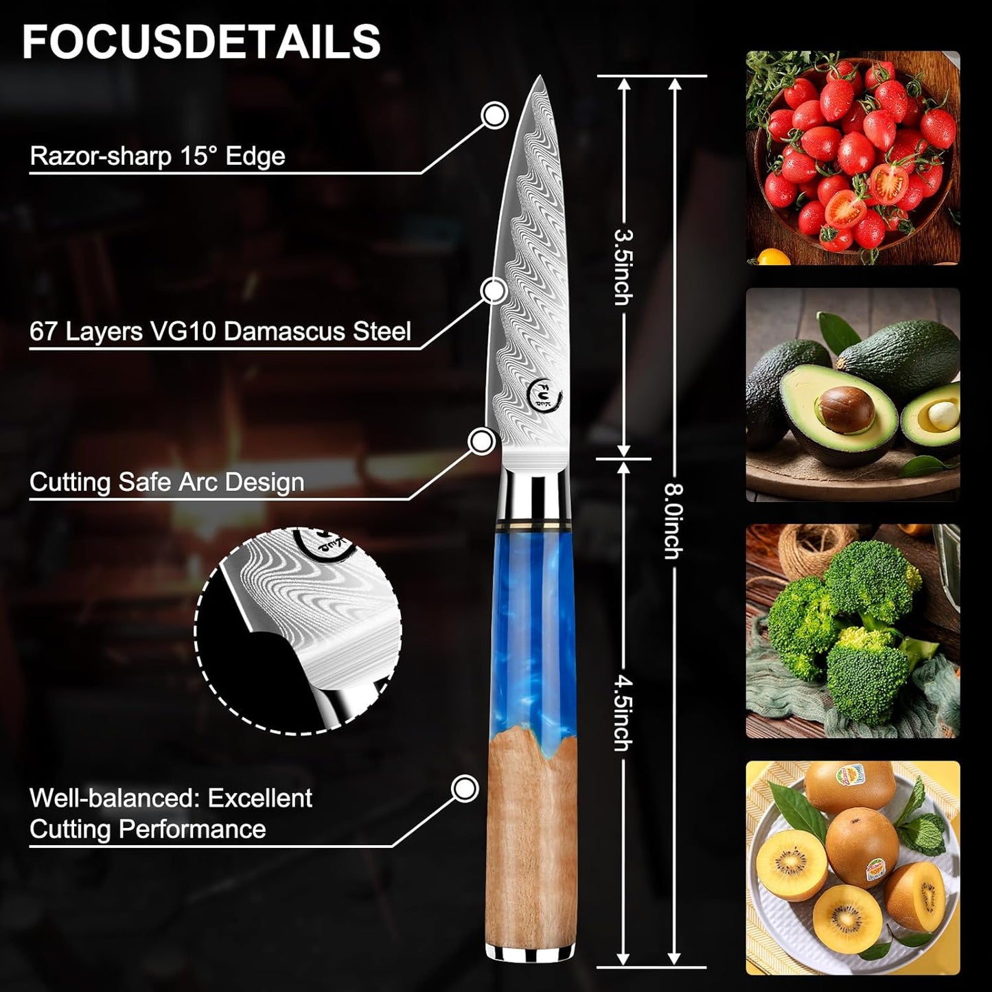 5 Inch Kitchen Utility Knife, Damascus Paring Knife Japanese VG10 Steel | 66-Layers Damascus Fruit Knife, Ultra Sharp Blade, Ergonomic Blue Resin Handle, Unique Gift for Men Women Cooking Enthusiasts