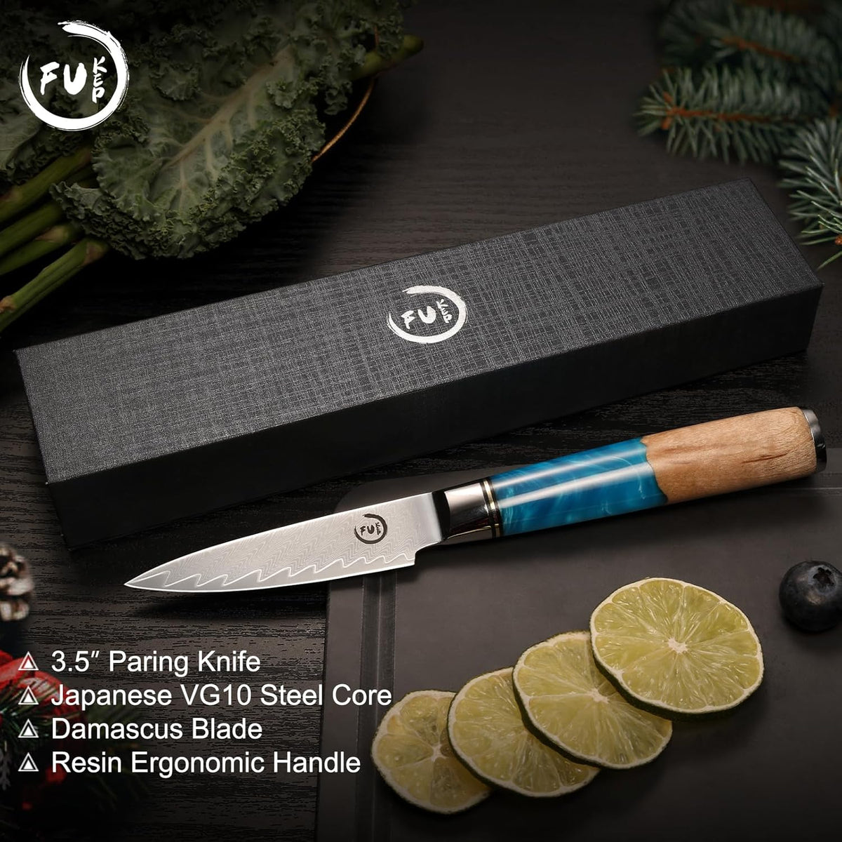 5 Inch Kitchen Utility Knife, Damascus Paring Knife Japanese VG10 Steel | 66-Layers Damascus Fruit Knife, Ultra Sharp Blade, Ergonomic Blue Resin Handle, Unique Gift for Men Women Cooking Enthusiasts