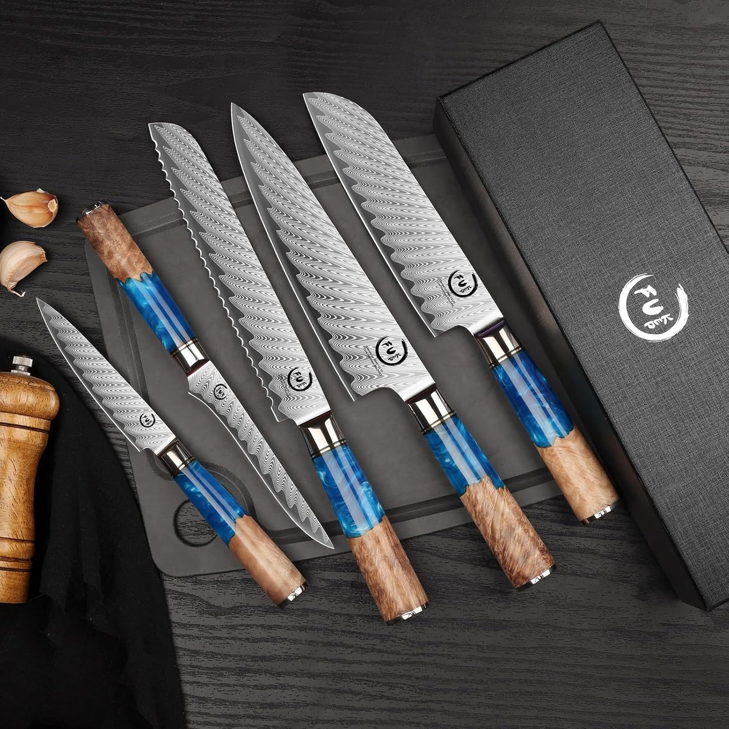 5 Inch Kitchen Utility Knife, Damascus Paring Knife Japanese VG10 Steel | 66-Layers Damascus Fruit Knife, Ultra Sharp Blade, Ergonomic Blue Resin Handle, Unique Gift for Men Women Cooking Enthusiasts