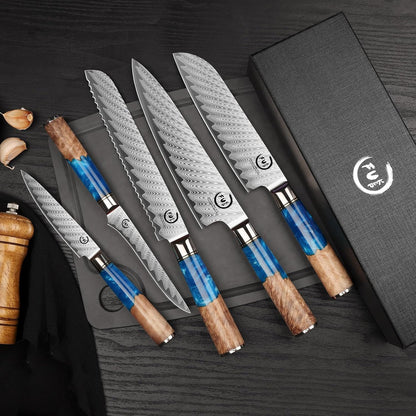 5 Inch Kitchen Utility Knife, Damascus Paring Knife Japanese VG10 Steel | 66-Layers Damascus Fruit Knife, Ultra Sharp Blade, Ergonomic Blue Resin Handle, Unique Gift for Men Women Cooking Enthusiasts
