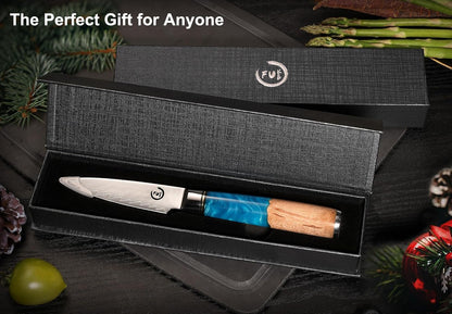 5 Inch Kitchen Utility Knife, Damascus Paring Knife Japanese VG10 Steel | 66-Layers Damascus Fruit Knife, Ultra Sharp Blade, Ergonomic Blue Resin Handle, Unique Gift for Men Women Cooking Enthusiasts