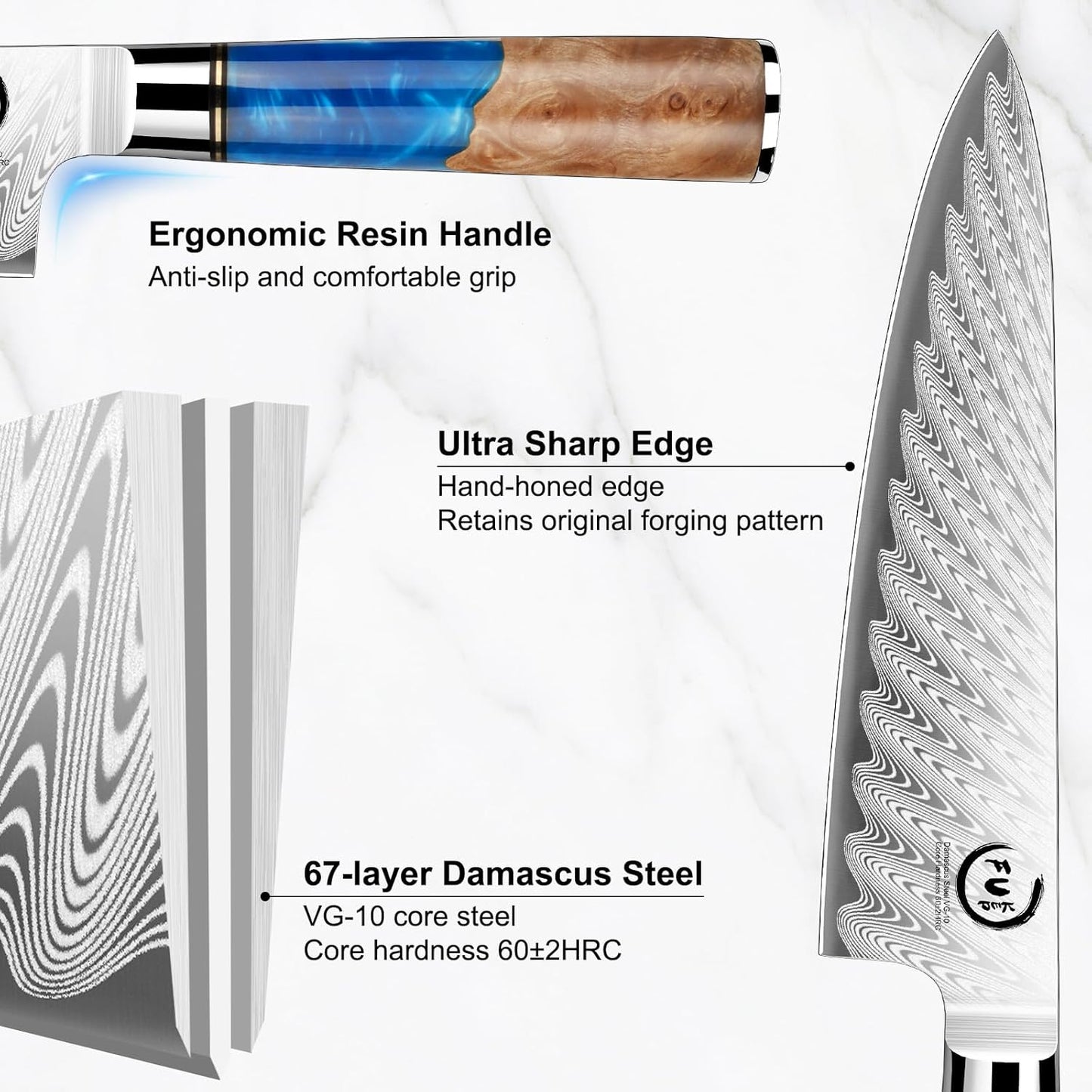 5 Inch Kitchen Utility Knife, Damascus Paring Knife Japanese VG10 Steel | 66-Layers Damascus Fruit Knife, Ultra Sharp Blade, Ergonomic Blue Resin Handle, Unique Gift for Men Women Cooking Enthusiasts