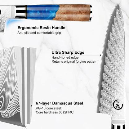 5 Inch Kitchen Utility Knife, Damascus Paring Knife Japanese VG10 Steel | 66-Layers Damascus Fruit Knife, Ultra Sharp Blade, Ergonomic Blue Resin Handle, Unique Gift for Men Women Cooking Enthusiasts